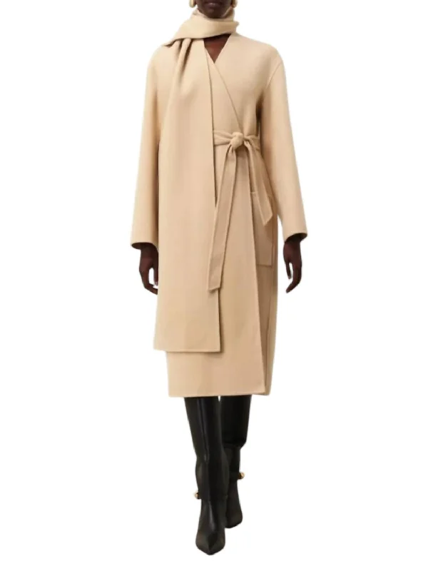 Illustration Neck Scarf Coat In Almond