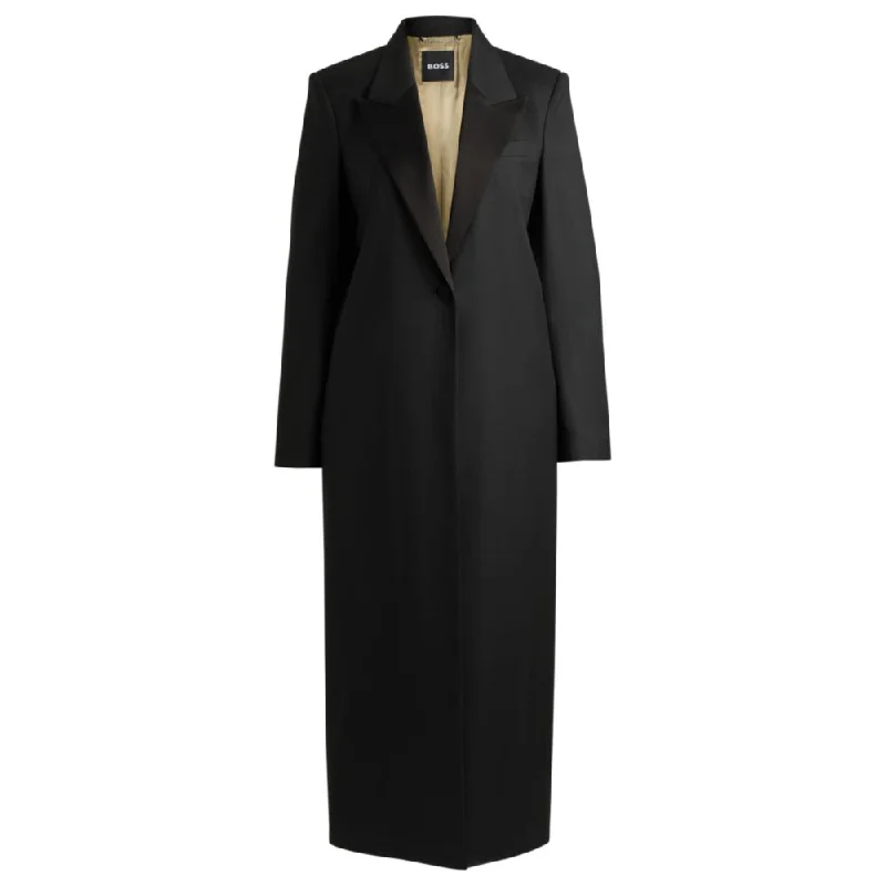 Long-length tuxedo-style coat in stretch fabric