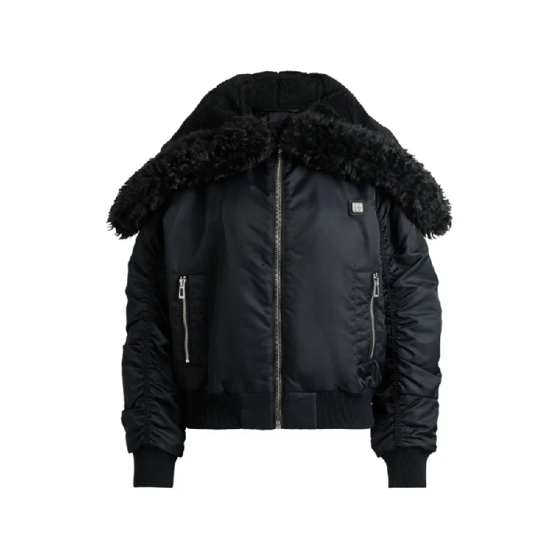 Water-repellent bomber jacket with zipped teddy-lined hood