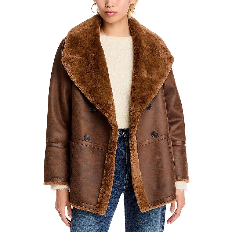 Womens Double Breasted Faux Suede Faux Fur Coat