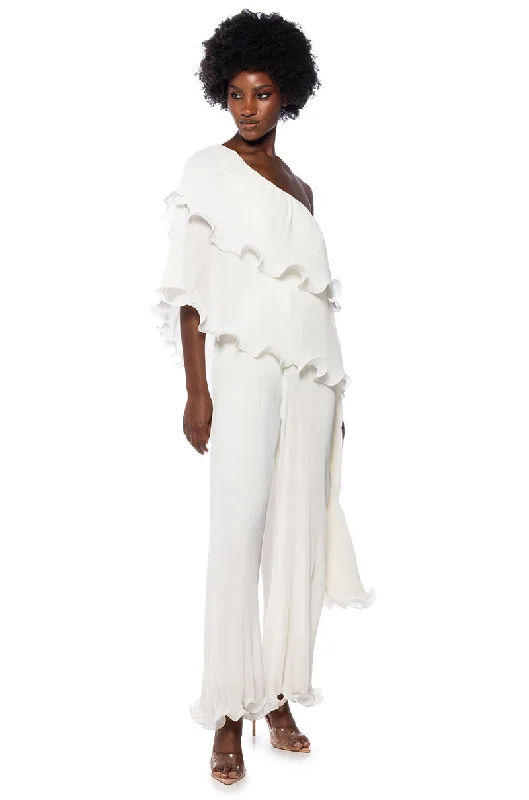 LUCIA PLEATED ONE SHOULDER JUMPSUIT IN WHITE